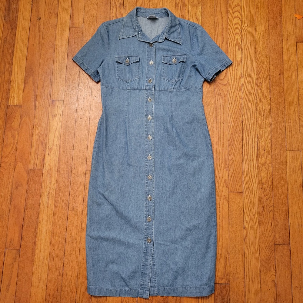 ROBBIE BEE 12 Denim Blue Jean Button Up Shirt‎ Dress Short Sleeve Retro 90s Y2K